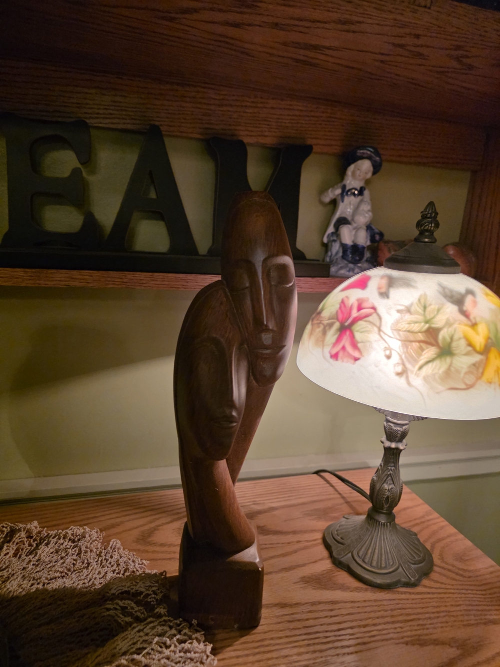 Hand-Carved Wooden Abstract Face Sculpture - Brown